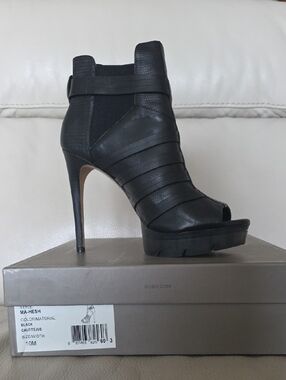 BCBG Black Leather Open-Toe Stacked-Strap Stiletto Bootie